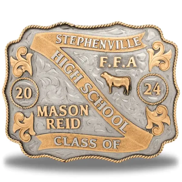 A custom belt buckle for Stephenville High School Class of 2024 with personalized name featuring a bronze cow figure and the FFA initials